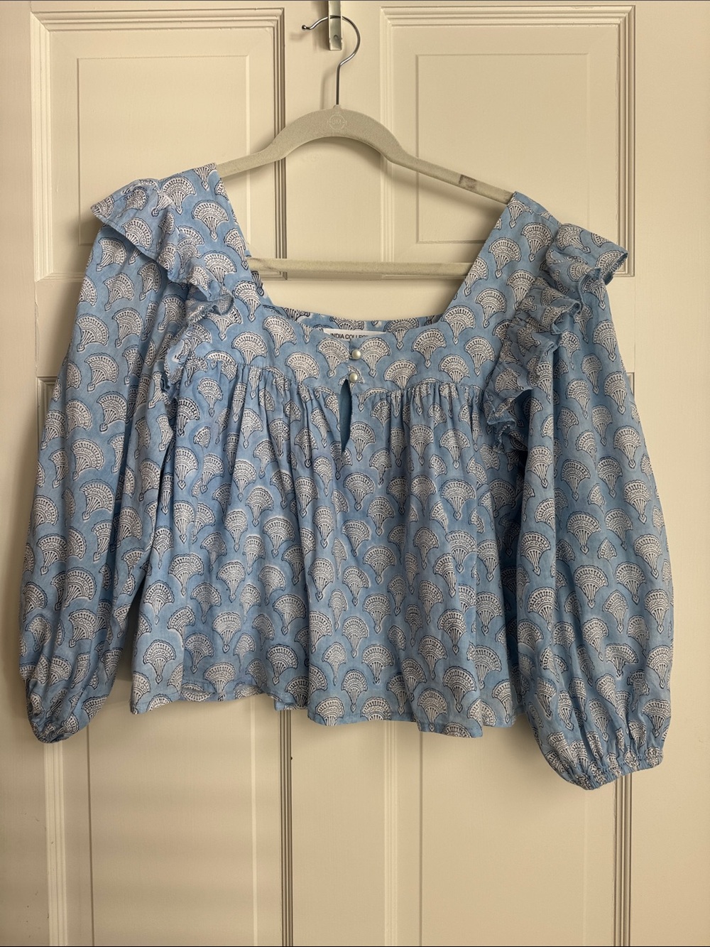 India Boutique Sky Blue Printed Ruffle Off-Shoulder Blouse